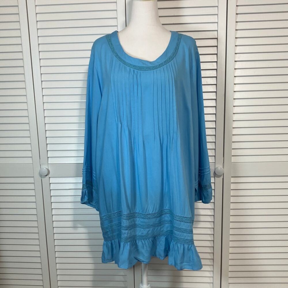 Tantrums Vintage Blue Boho Shabby Chic Long Sleeve Tunic Blouse Women XL